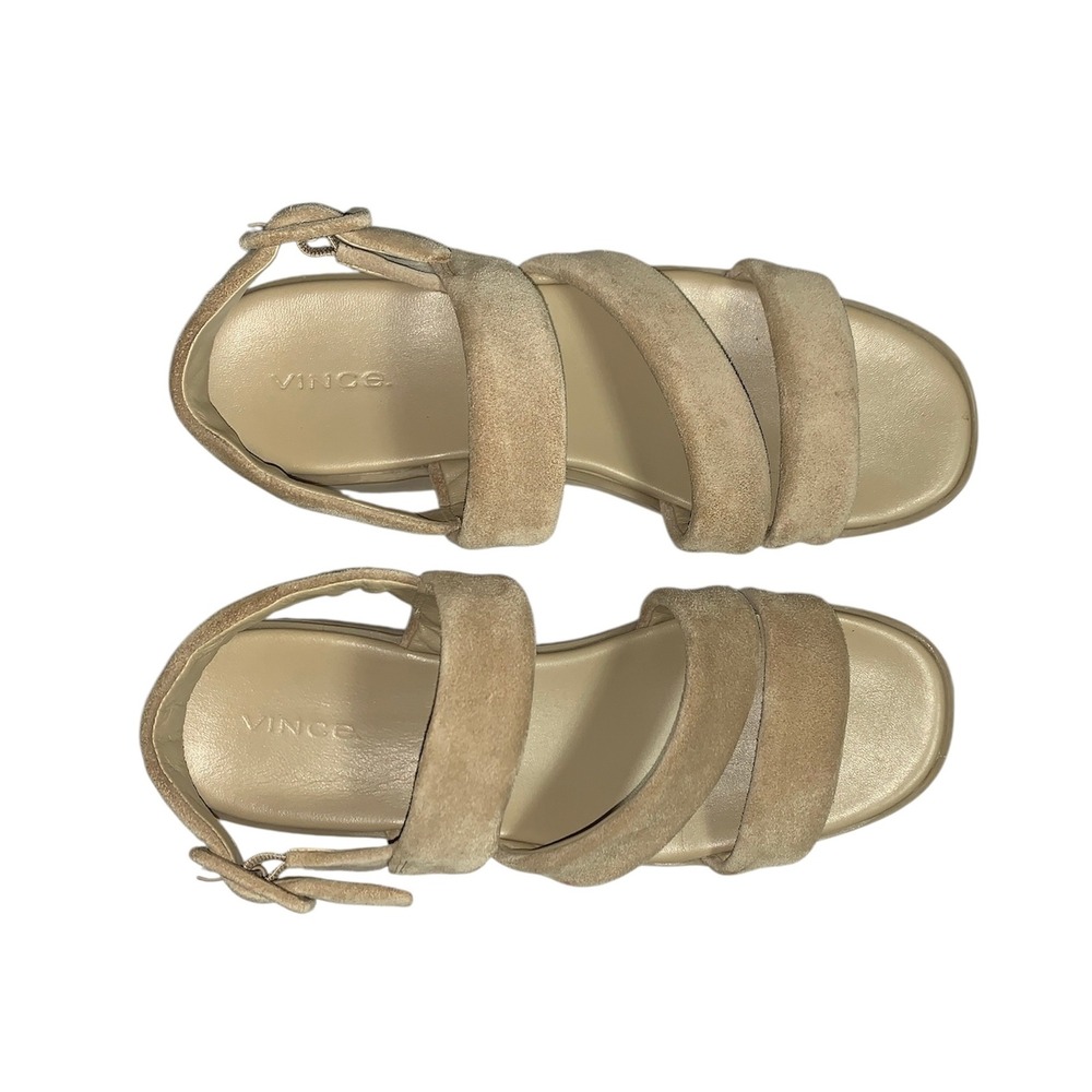 Vince Skylar Platform Sandals Womens 7.5 Beige Suede Wedge Slingback Buckle - Picture 5 of 10